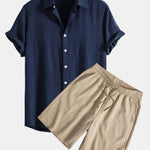 Linen Rayon Blend Shirt & Crinkled Textured Drawstring Shorts Set
