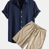 Linen Rayon Blend Shirt & Crinkled Textured Drawstring Shorts Set