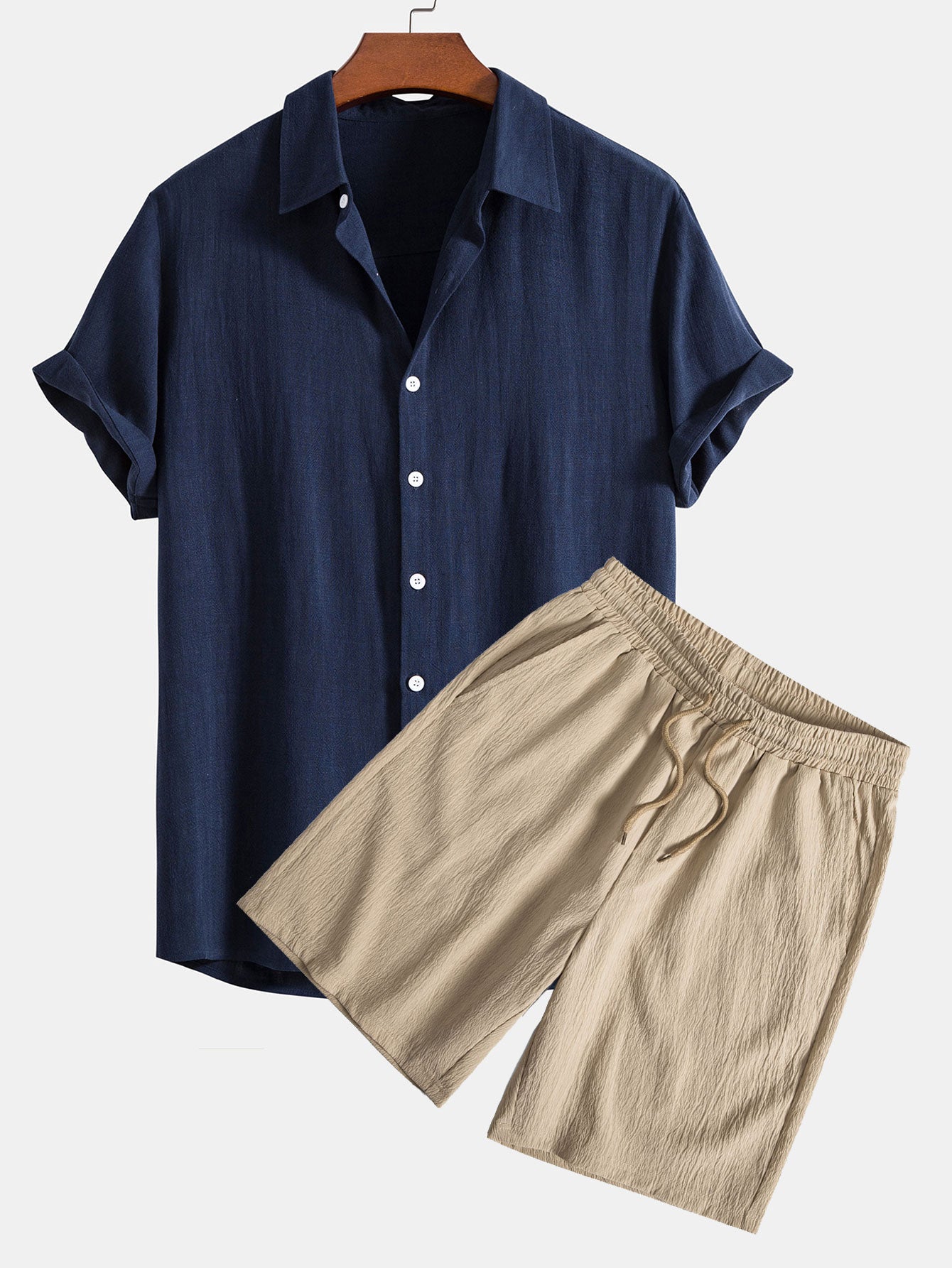Linen Rayon Blend Shirt & Crinkled Textured Drawstring Shorts Set