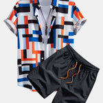 Striped Color Block Print Shirt & Swim Shorts Set