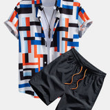 Striped Color Block Print Shirt & Swim Shorts Set
