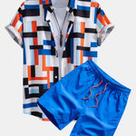 Striped Color Block Print Shirt & Swim Shorts Set