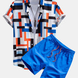 Striped Color Block Print Shirt & Swim Shorts Set