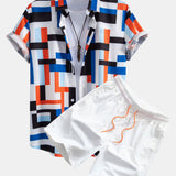 Striped Color Block Print Shirt & Swim Shorts Set