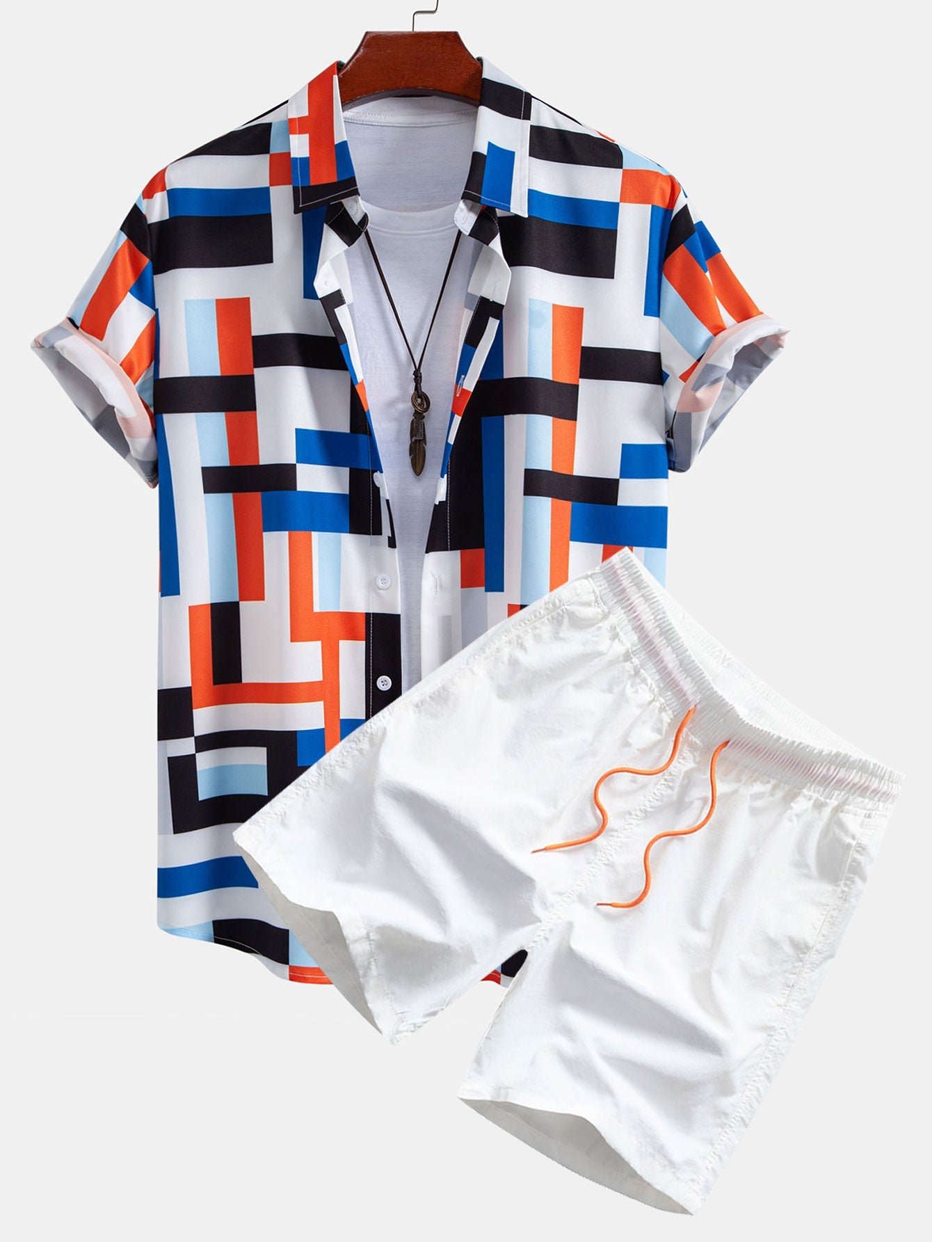 Striped Color Block Print Shirt & Swim Shorts Set