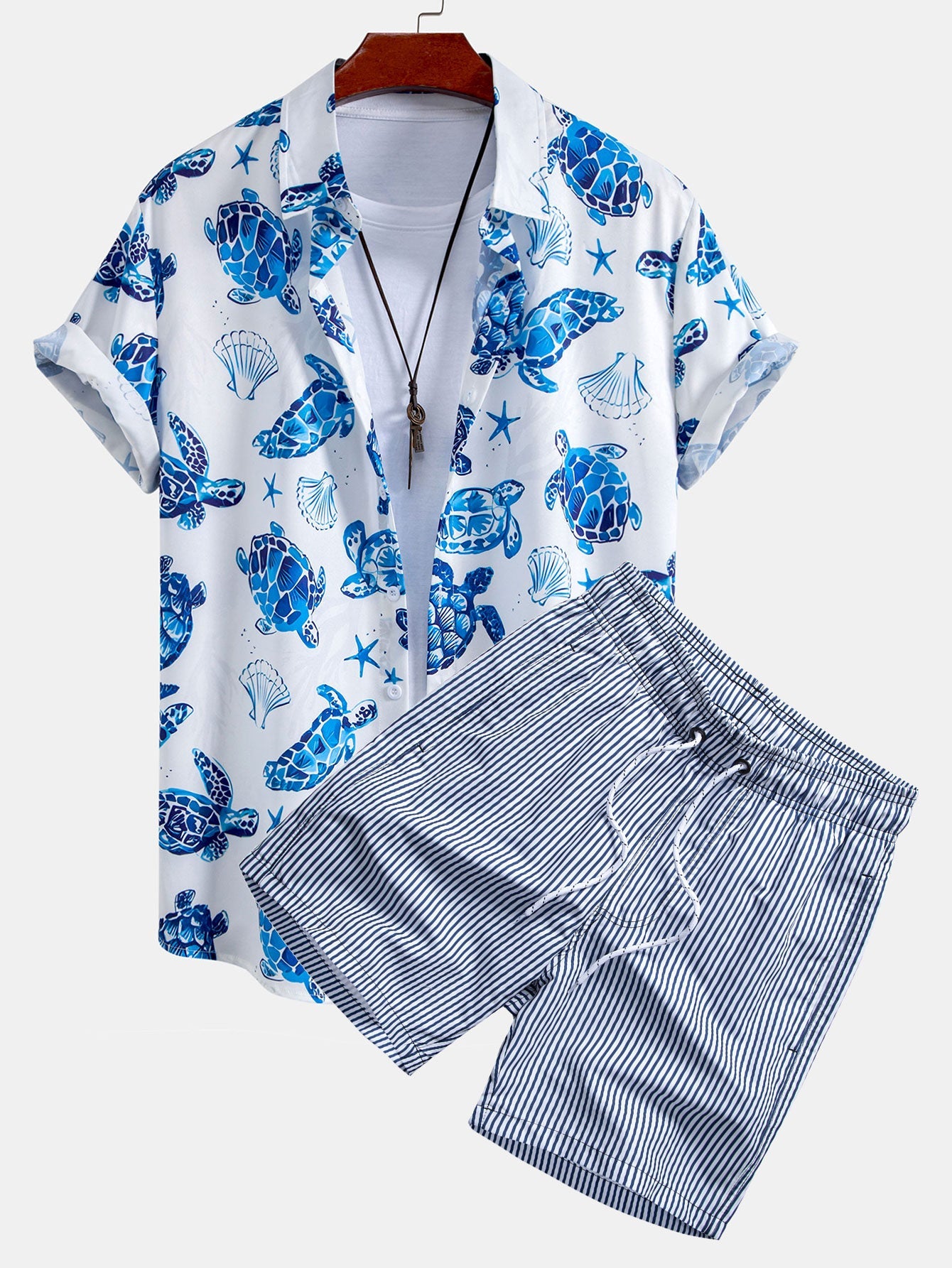 Turtle Print Shirt & Striped Swim Shorts Set