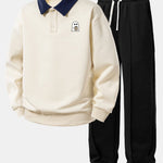 Ghost Drinking Coffee Print Contrast Polo Sweatshirt & Pleated Pintuck Set