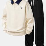 Ghost Drinking Coffee Print Contrast Polo Sweatshirt & Pleated Pintuck Set