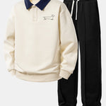 Line Dachshund Print Contrast Polo Sweatshirt & Pleated Pintuck Sweatpants Set
