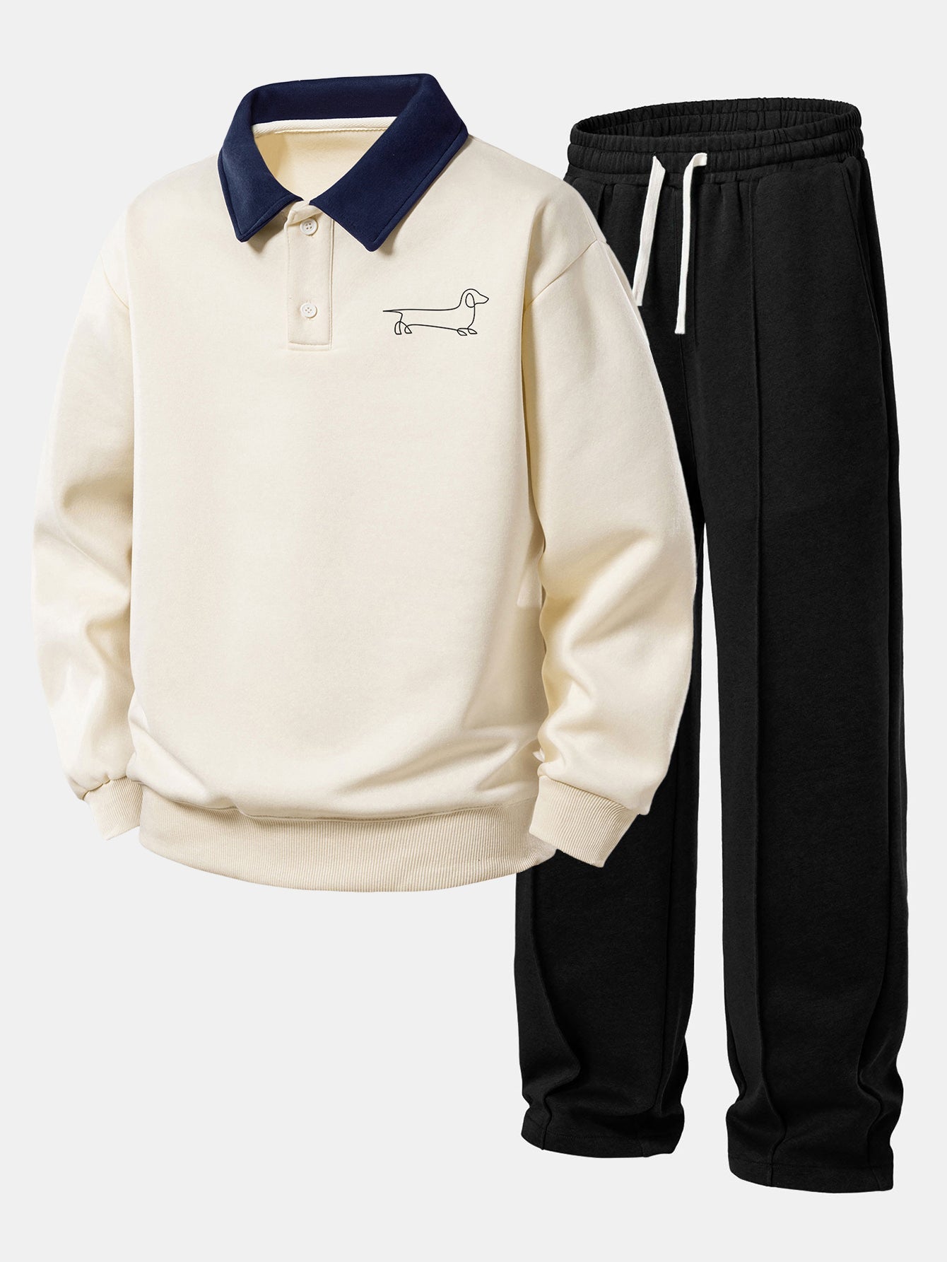 Line Dachshund Print Contrast Polo Sweatshirt & Pleated Pintuck Sweatpants Set