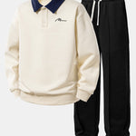 Letter Print Contrast Polo Sweatshirt & Pleated Pintuck Sweatpants Set