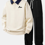 Letter Print Contrast Polo Sweatshirt & Pleated Pintuck Sweatpants Set