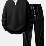 2 in 1 Waffle Notched Collar Sweatshirt & Waffle Pleated Pintuck Pants Set