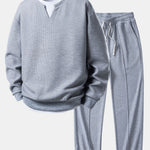 2 in 1 Waffle Notched Collar Sweatshirt & Waffle Pleated Pintuck Pants Set