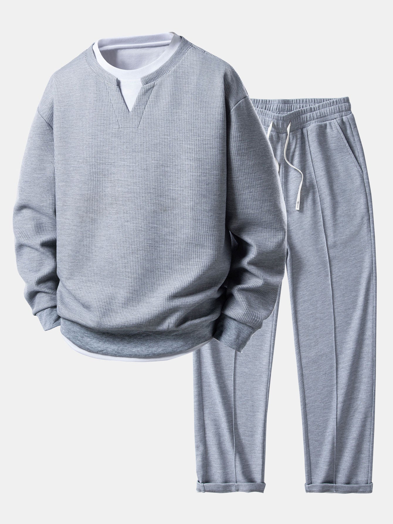 2 In 1 Waffle Notched Collar Sweatshirt & Waffle Pleated Pintuck Straight Leg Pants