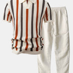 Striped Knit Johnny Collar Polo & Straight Leg Linen Pants Set