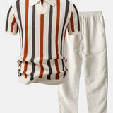 Striped Knit Johnny Collar Polo & Straight Leg Linen Pants Set