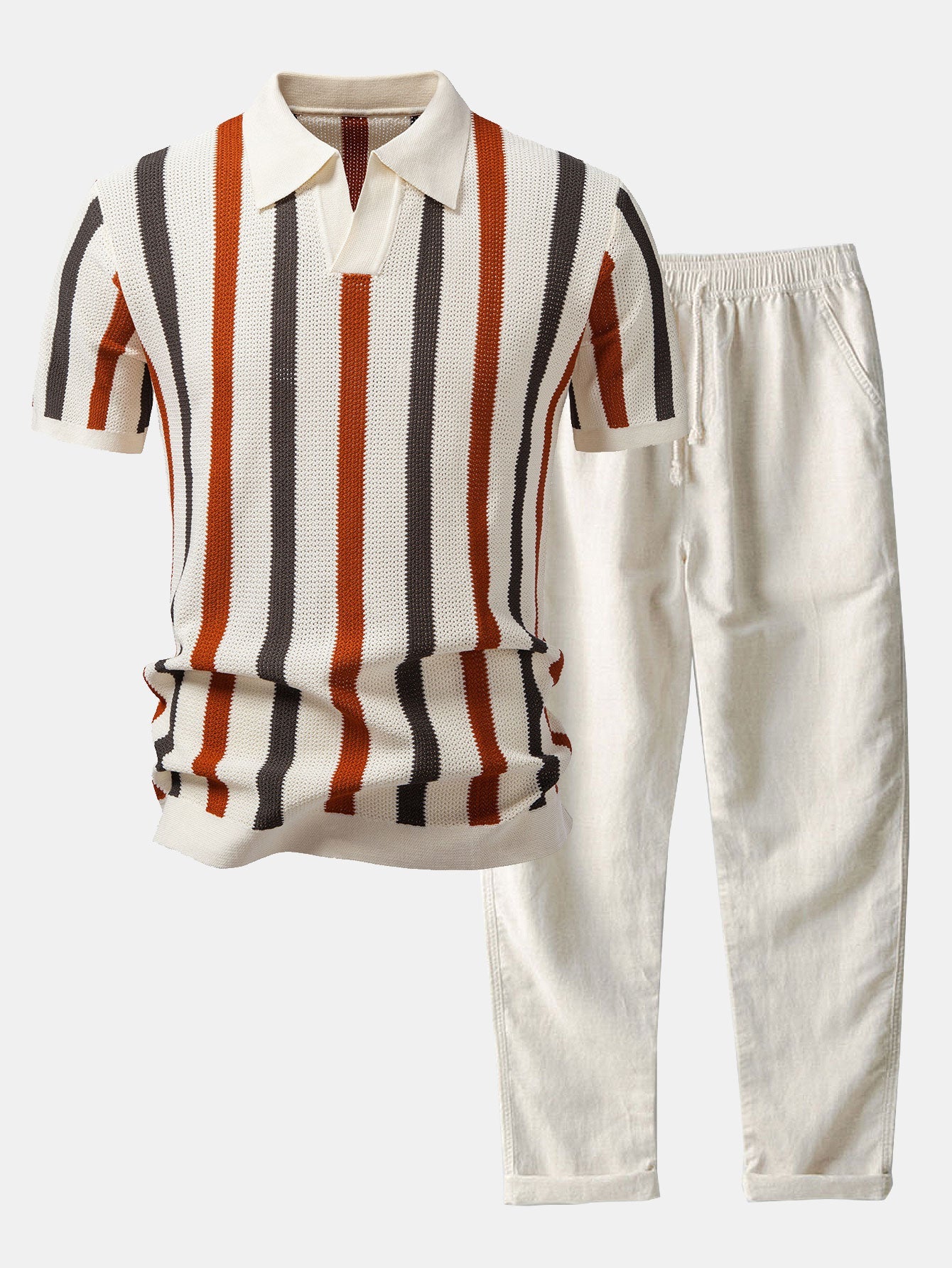 Striped Knit Johnny Collar Polo & Straight Leg Linen Pants Set
