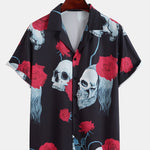 Skull Rose Print Revere Collar Shirt