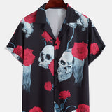 Skull Rose Print Revere Collar Shirt