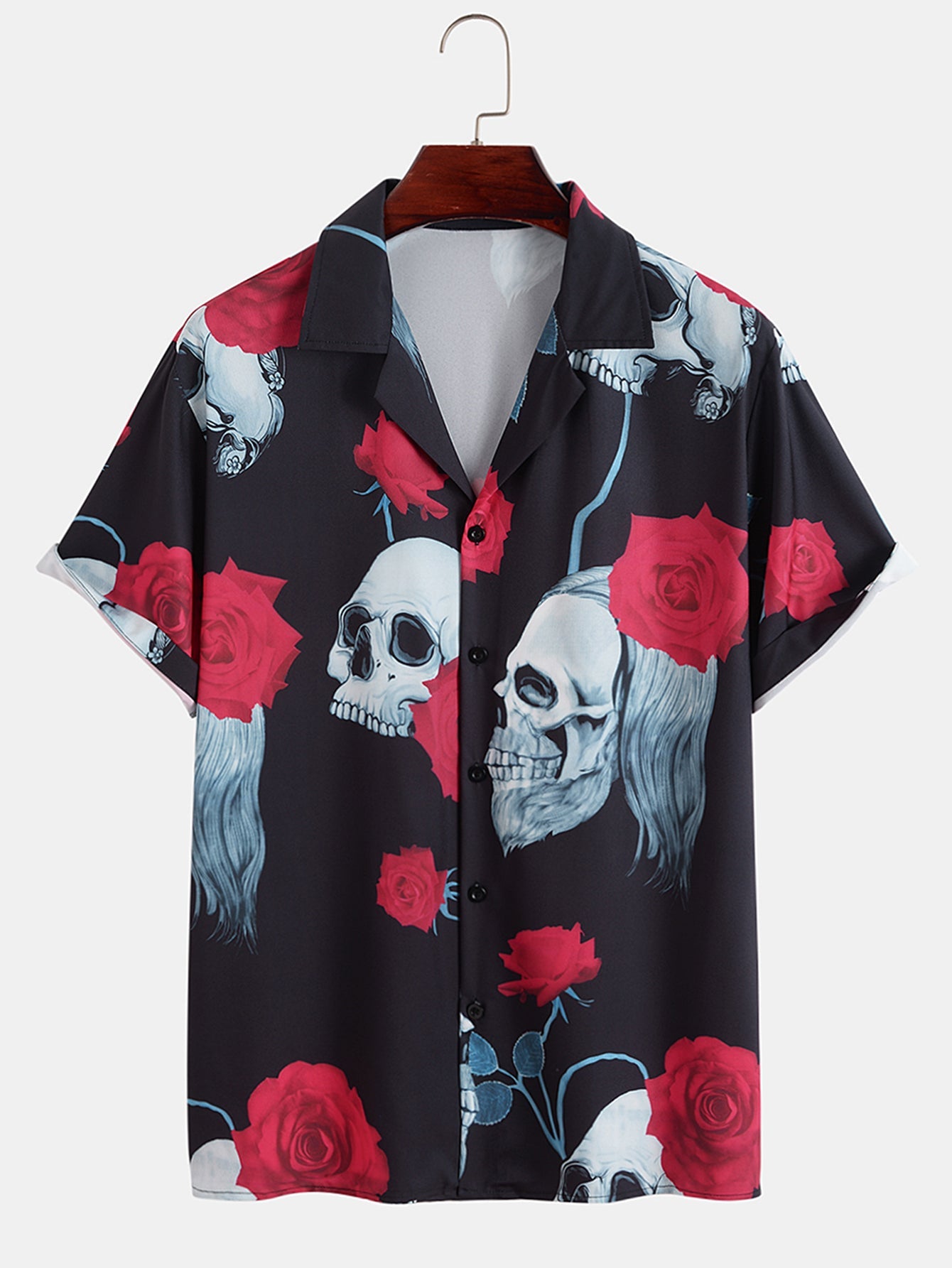 Skull Rose Print Revere Collar Shirt