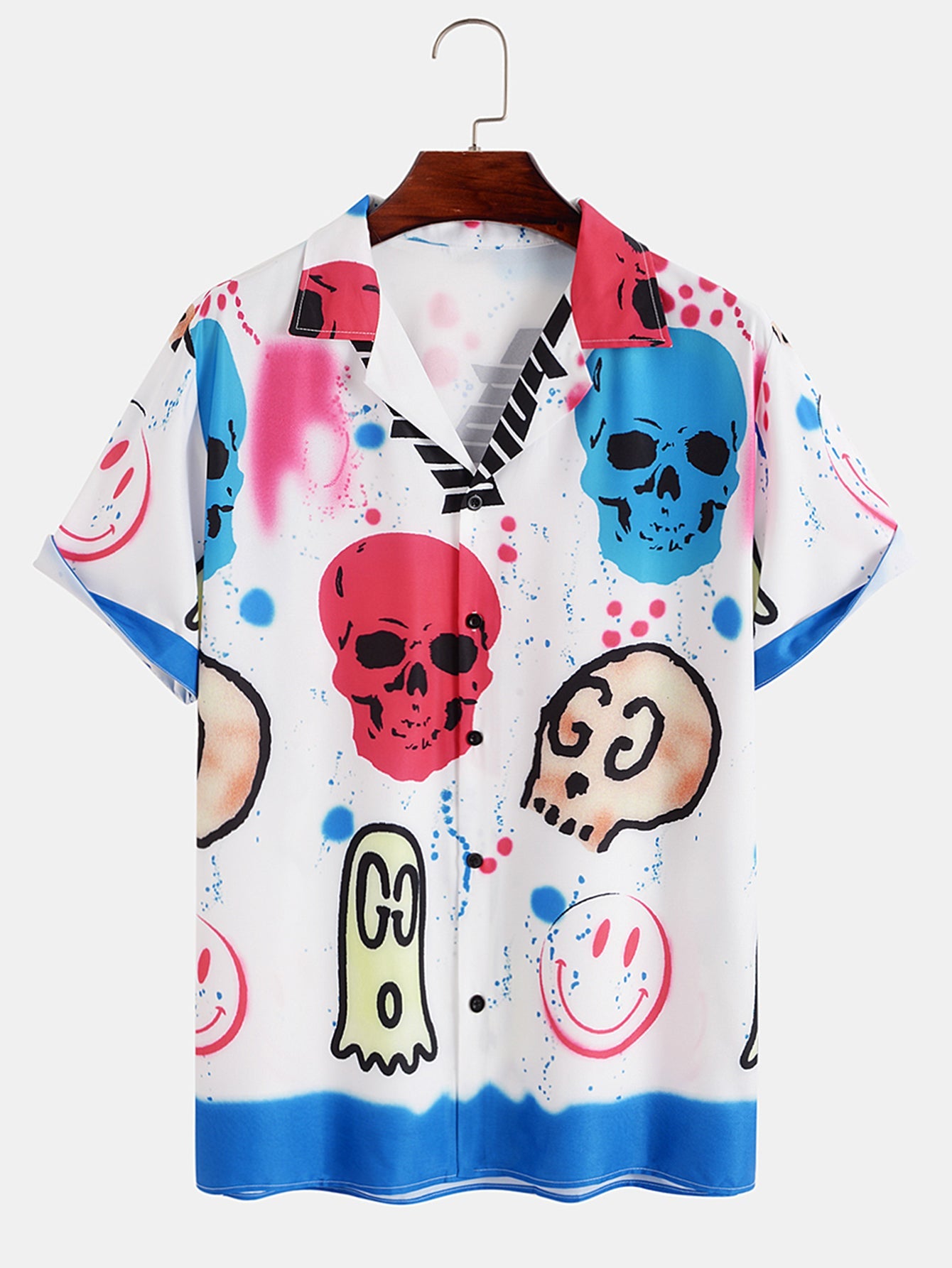 Skull Smiley Graffiti Print Revere Collar Shirt