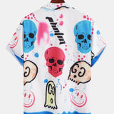 Skull Smiley Graffiti Print Revere Collar Shirt