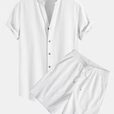 Crinkled Textured V Neck Shirt & Crinkled Textured Drawstring Shorts Set