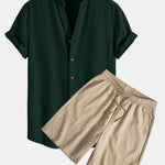 Crinkled Textured V Neck Shirt & Crinkled Textured Drawstring Shorts Set