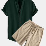 Crinkled Textured V Neck Shirt & Crinkled Textured Drawstring Shorts Set