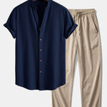 Crinkled Textured V Neck Shirt & Crinkle Textured Pants Set