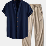 Crinkled Textured V Neck Shirt & Crinkle Textured Pants Set