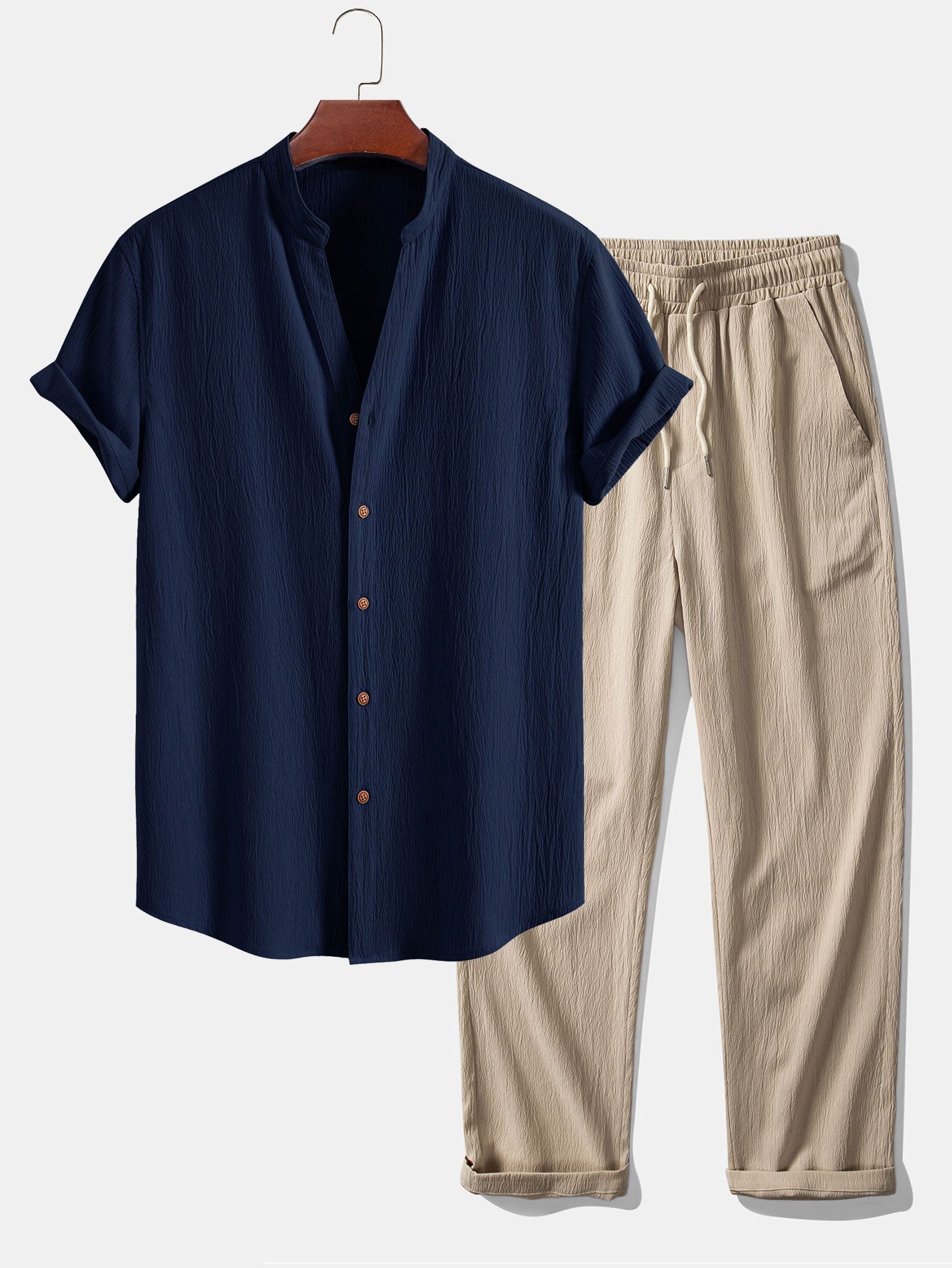 Crinkled Textured V Neck Shirt & Crinkle Textured Pants Set