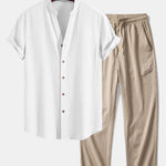 Crinkled Textured V Neck Shirt & Crinkle Textured Pants Set