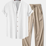 Crinkled Textured V Neck Shirt & Crinkle Textured Pants Set