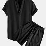 Crinkled Textured V Neck Shirt & Crinkled Textured Drawstring Shorts Set