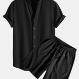 Crinkled Textured V Neck Shirt & Crinkled Textured Drawstring Shorts Set