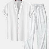Crinkled Textured V Neck Shirt & Crinkle Textured Pants Set