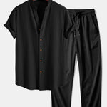 Crinkled Textured V Neck Shirt & Crinkle Textured Pants Set