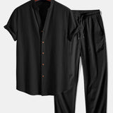 Crinkled Textured V Neck Shirt & Crinkle Textured Pants Set