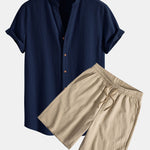 Crinkled Textured V Neck Shirt & Crinkled Textured Drawstring Shorts Set