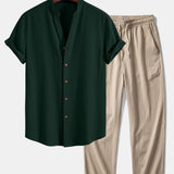 Crinkled Textured V Neck Shirt & Crinkle Textured Pants Set