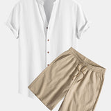 Crinkled Textured V Neck Shirt & Crinkled Textured Drawstring Shorts Set