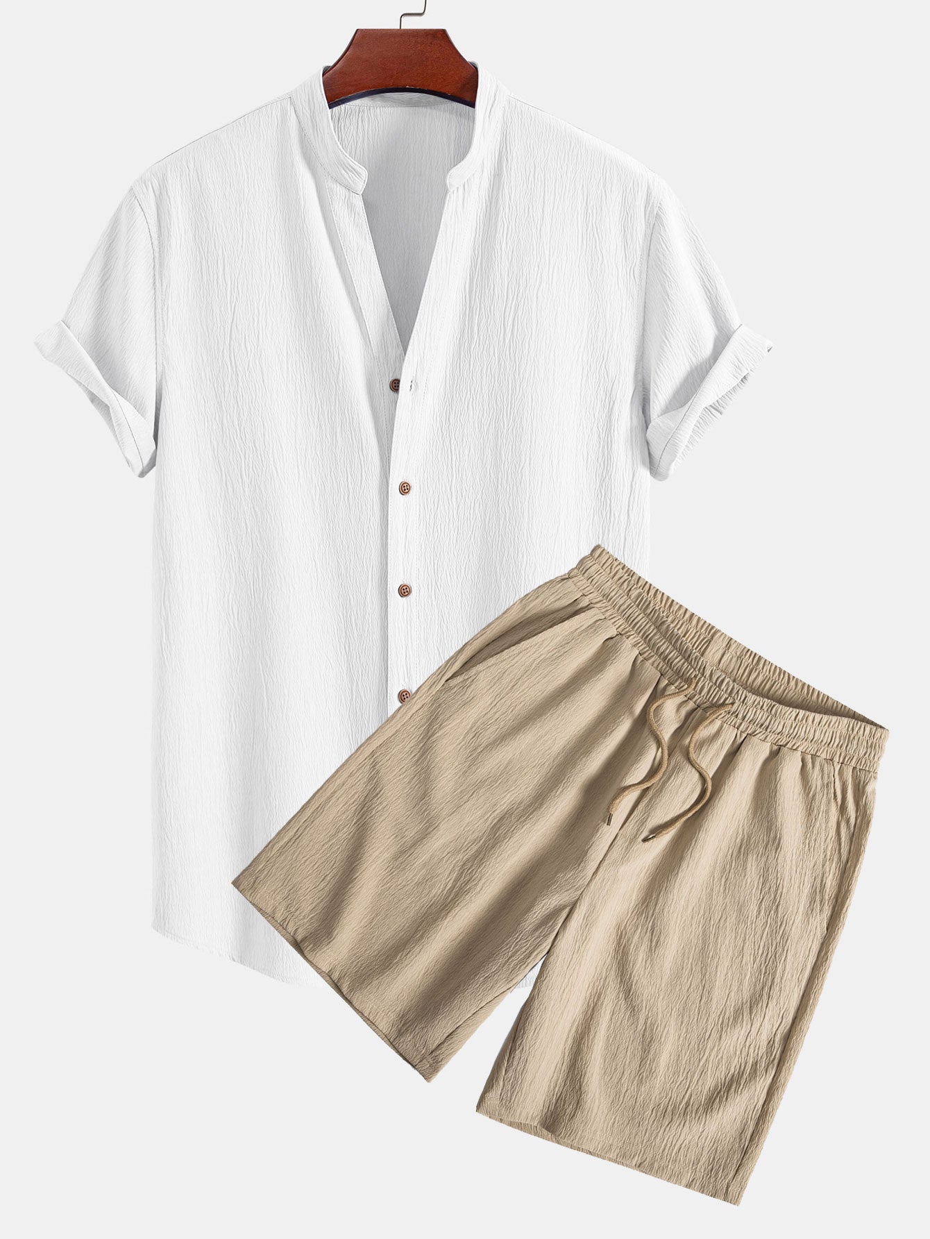 Crinkled Textured V Neck Shirt & Crinkled Textured Drawstring Shorts Set