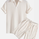 Waffle V-neck Polo & Drawstring Knitted Waffle Shorts Set