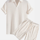 Waffle V-neck Polo & Drawstring Knitted Waffle Shorts Set