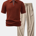 Crochet V Neck Polo Shirt & Crinkle Textured Straight Leg Pants Set