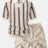 Striped Crochet V Neck Polo & Crinkle Textured Drawstring 5" Shorts Set