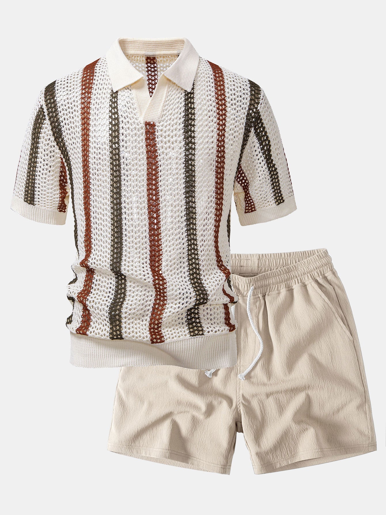 Striped Crochet V Neck Polo & Crinkle Textured Drawstring 5" Shorts Set