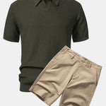 Wave Jacquard Knit V Neck Polo Shirt & Cotton Chino Shorts Set